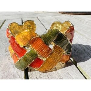 Les Bernard Multicolor Enamel Bracelet Hinged Cuff Signed Chunky Signed 1980s